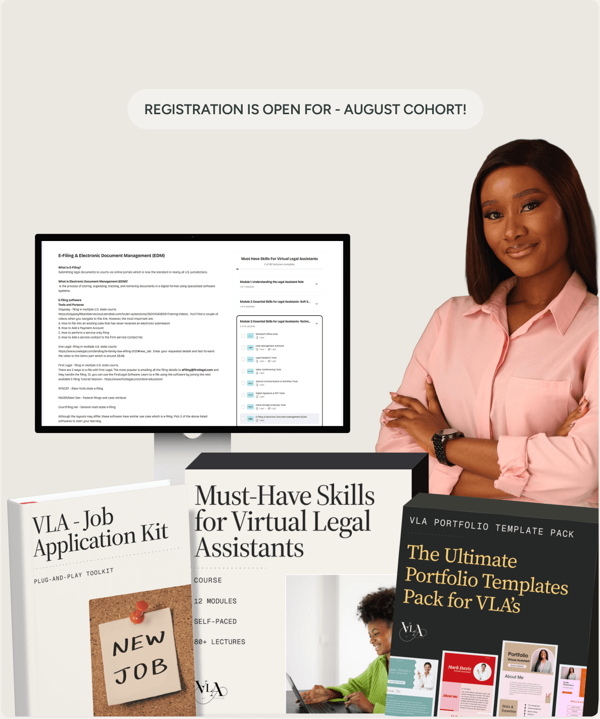 A preview of the VLA by Vivian course: an e-filing lesson on a desktop screen, coach Vivian, and the Job Application Kit, Must-Have Skills book and Portfolio Template Pack. Registration is open for the August cohort.